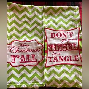 Southern Christmas kitchen tea towels, lime green chevron print, set of 2